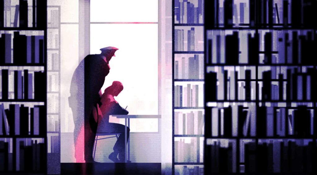 Illustration of a police officer learning over the shoulder of a young girl studying at the library